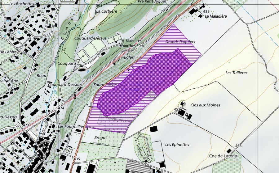 Carte nationale swisstopo avec le périmètre protégé de Le Loclat (Site de reproduction de batraciens)