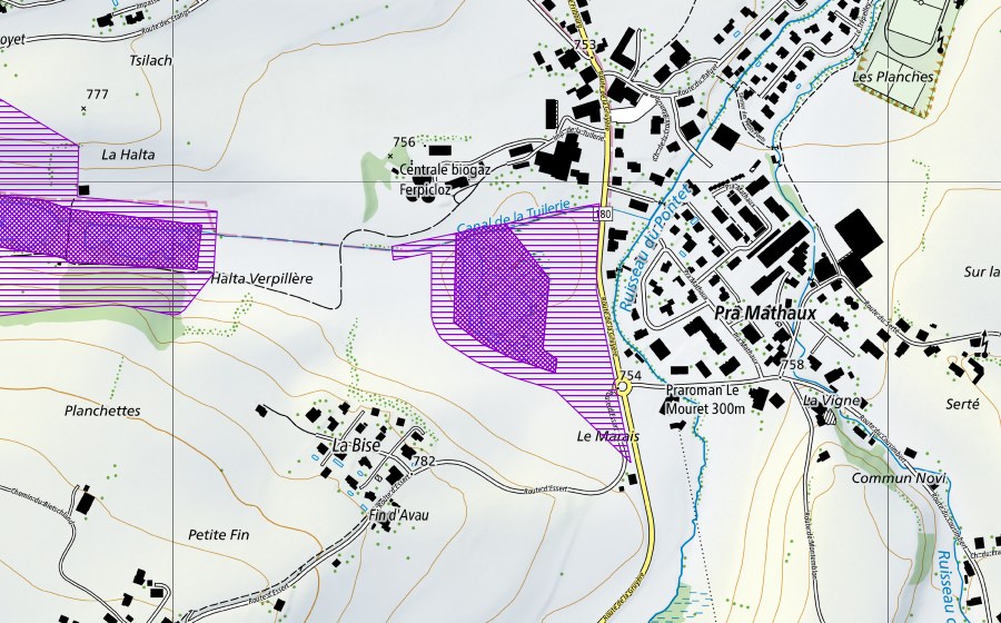 Carte nationale swisstopo avec le périmètre protégé de Le Mouret (Site de reproduction de batraciens)