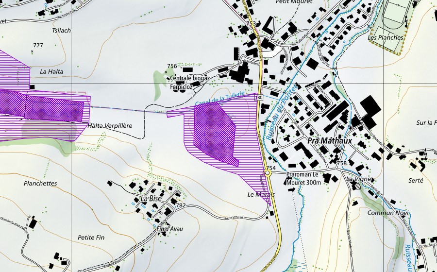swisstopo national map showing the protected perimeter of Le Mouret (Amphibian spawning site)
