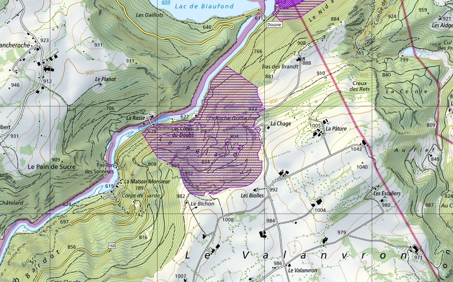 Carte nationale swisstopo avec le périmètre protégé de Le Pélard (Site de reproduction de batraciens)