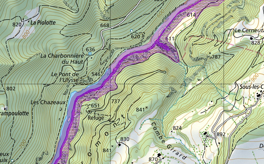 Carte nationale swisstopo avec le périmètre protégé de Le Refrain-La Bouège (Site de reproduction de batraciens)