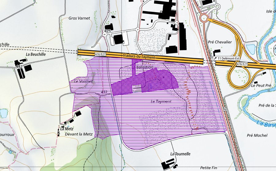 swisstopo national map showing the protected perimeter of Le Tayment (Amphibian spawning site)