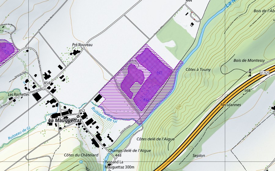 Landeskarte swisstopo mit dem Schutzperimeter von Le Vursis (Amphibienlaichgebiet)
