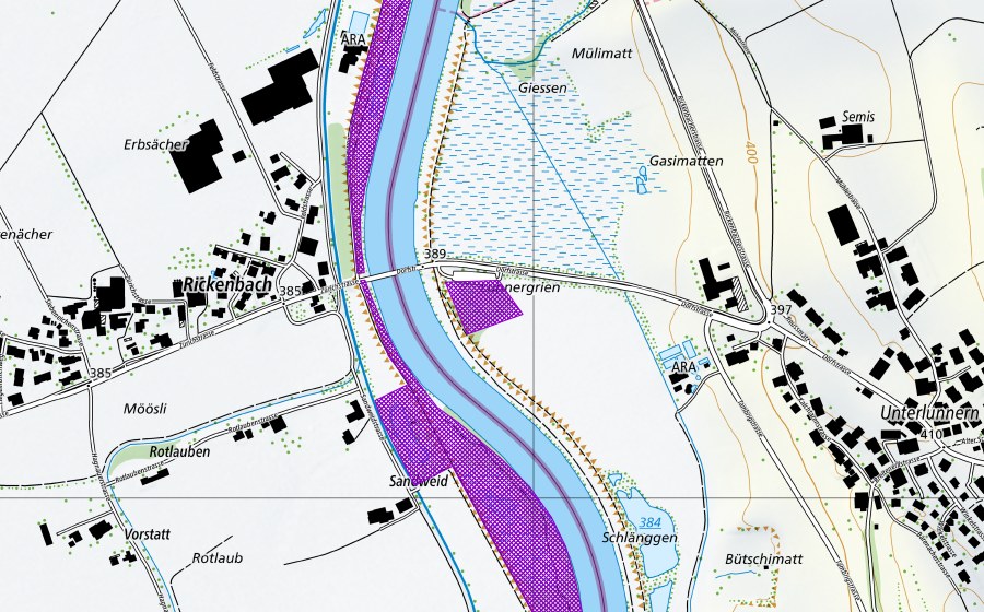 Landeskarte swisstopo mit dem Schutzperimeter von Leiloch-Weiher (Amphibienlaichgebiet)