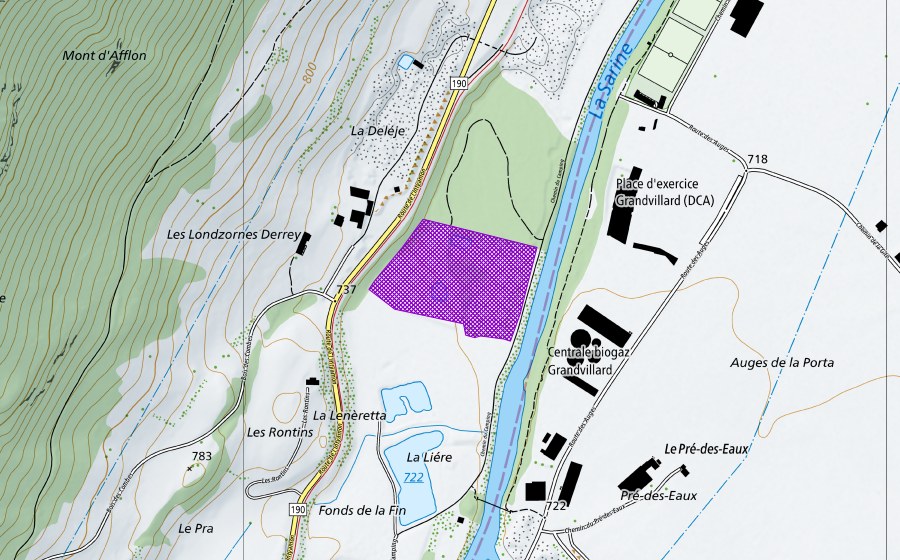 swisstopo national map showing the protected perimeter of Les Auges (Amphibian spawning site)