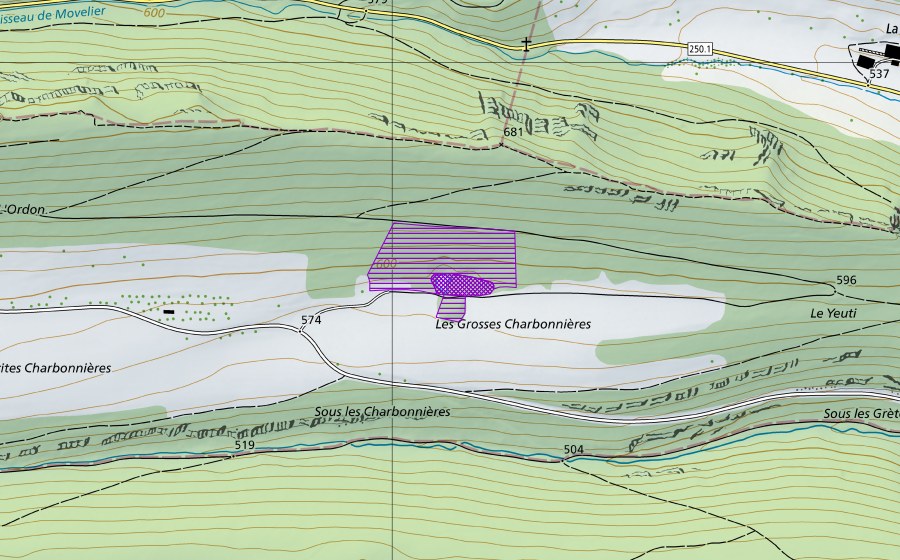 Carte nationale swisstopo avec le périmètre protégé de Les Charbonnières (Site de reproduction de batraciens)