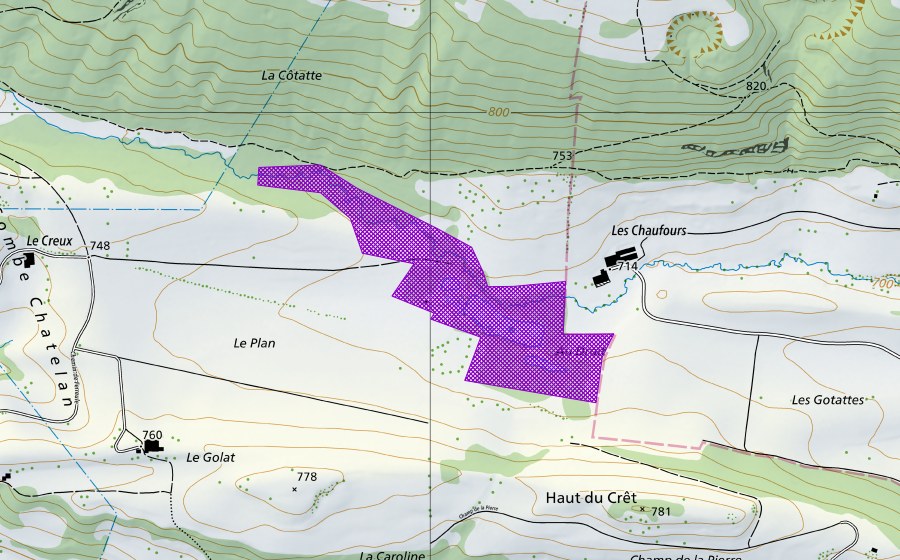 swisstopo national map showing the protected perimeter of Les Chaufours (Amphibian spawning site)
