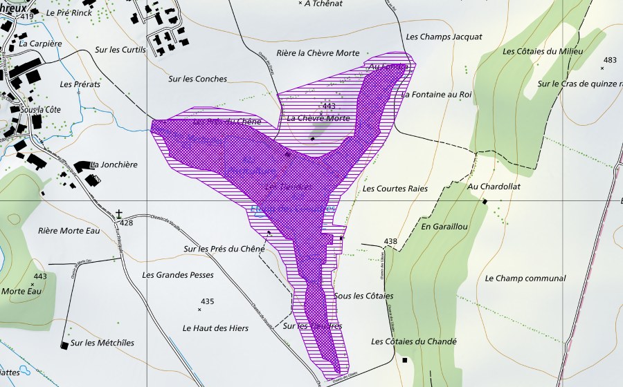 Carte nationale swisstopo avec le périmètre protégé de Les Coeudres (Site de reproduction de batraciens)