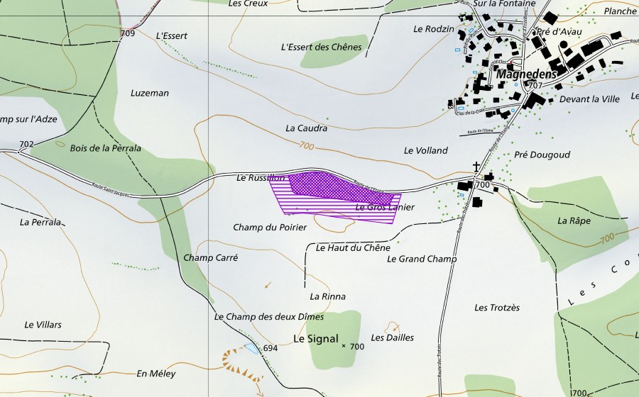 swisstopo national map showing the protected perimeter of Les Dailles (Amphibian spawning site)