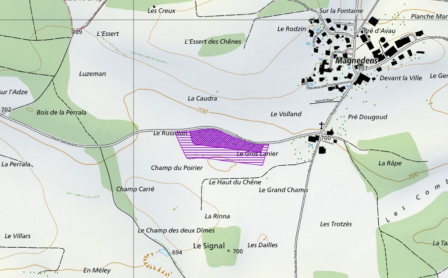 Landeskarte swisstopo mit dem Schutzperimeter von Les Dailles (Amphibienlaichgebiet)