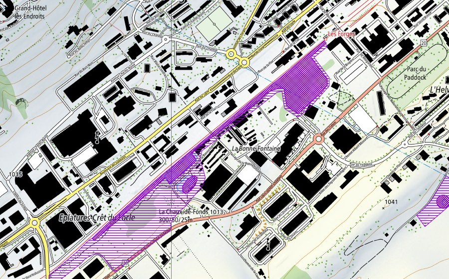 swisstopo national map showing the protected perimeter of Les Eplatures (Amphibian spawning site)