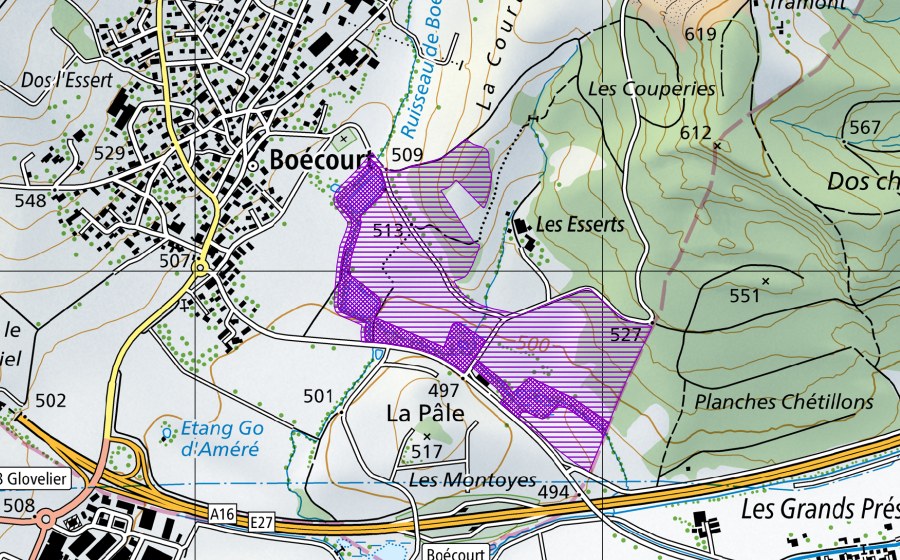 Carte nationale swisstopo avec le périmètre protégé de Les Esserts (Site de reproduction de batraciens)
