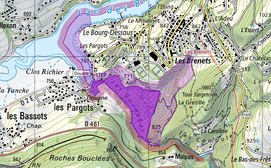swisstopo national map showing the protected perimeter of Les Goudebas (Amphibian spawning site)