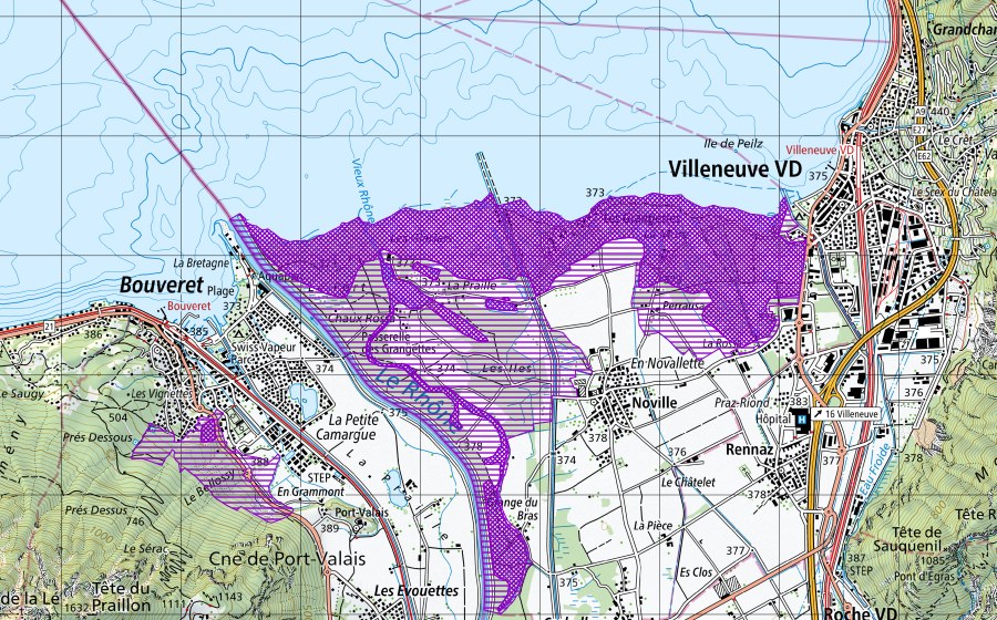 Landeskarte swisstopo mit dem Schutzperimeter von Les Grangettes (Amphibienlaichgebiet)
