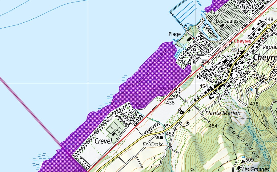 Carte nationale swisstopo avec le périmètre protégé de Les Grèves, Cheyres sud (Site de reproduction de batraciens)