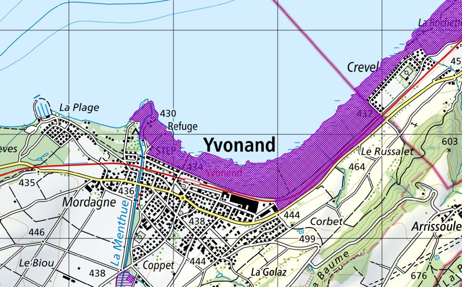 swisstopo national map showing the protected perimeter of Les Grèves (Yvonand) (Amphibian spawning site)