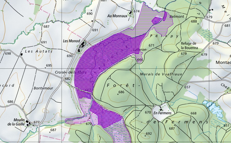 Carte nationale swisstopo avec le périmètre protégé de Les Monod (Site de reproduction de batraciens)