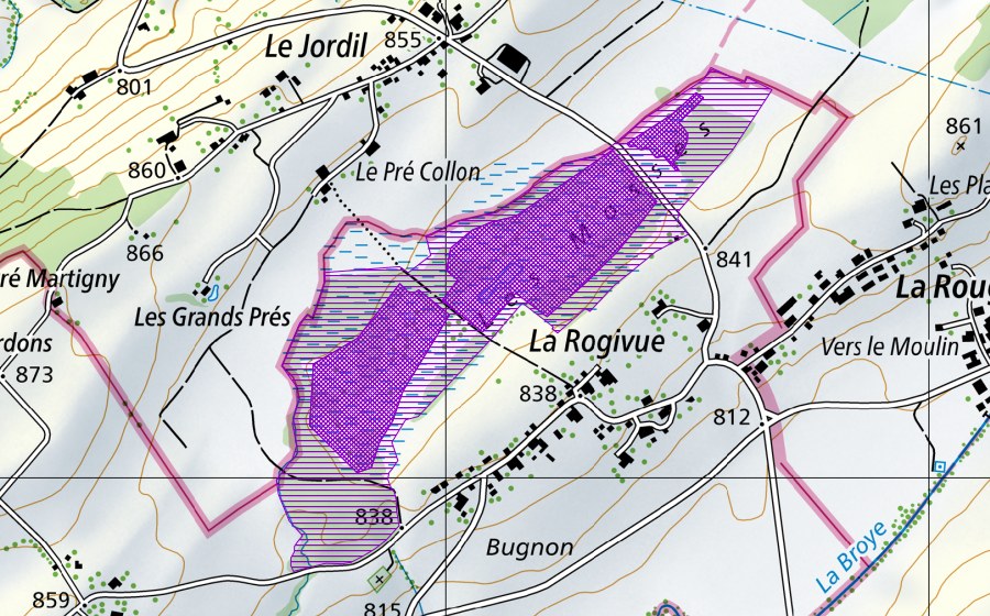 Landeskarte swisstopo mit dem Schutzperimeter von Les Mosses de la Rogivue (Amphibienlaichgebiet)