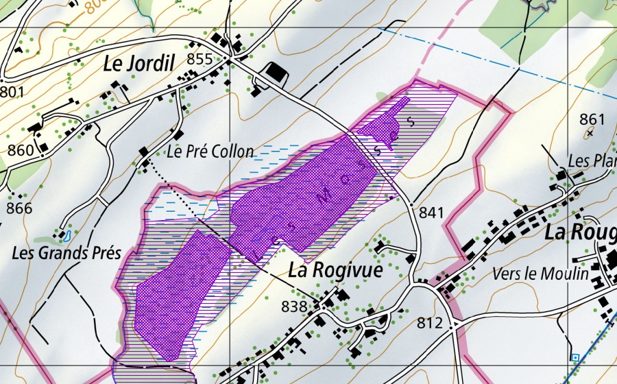 swisstopo national map showing the protected perimeter of Les Mosses de la Rogivue (Amphibian spawning site)