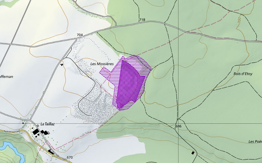 swisstopo national map showing the protected perimeter of Les Mossières (Amphibian spawning site)
