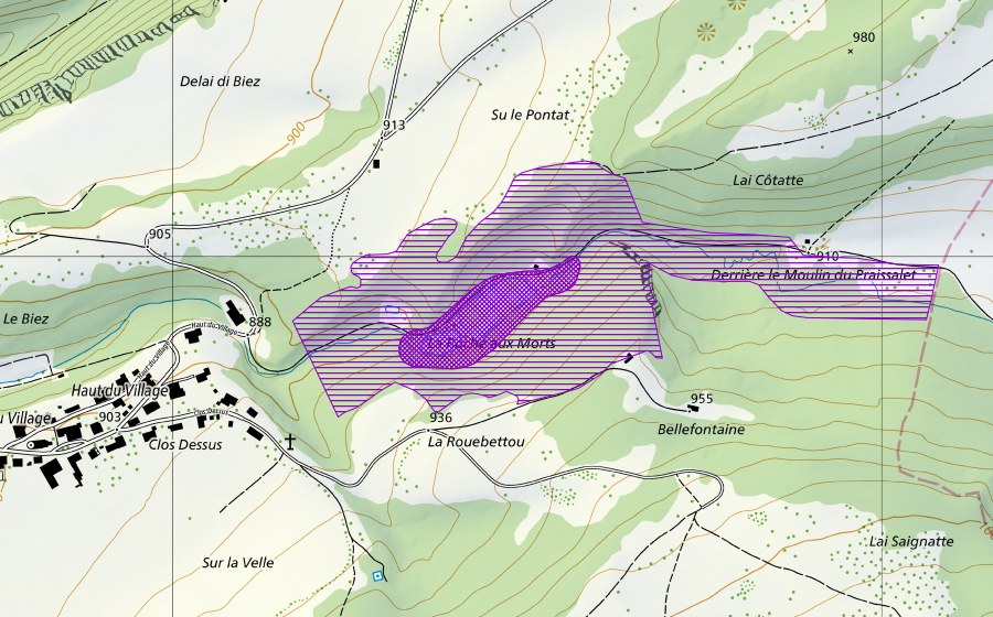 Carte nationale swisstopo avec le périmètre protégé de Les Pommerats (Site de reproduction de batraciens)