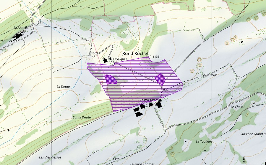 Carte nationale swisstopo avec le périmètre protégé de Les Saignes (Site de reproduction de batraciens)