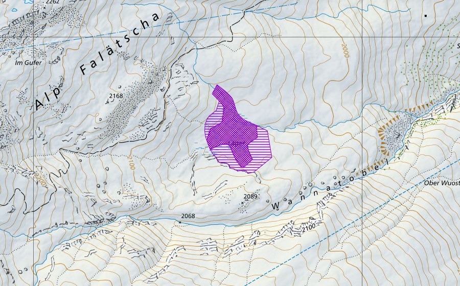 swisstopo national map showing the protected perimeter of Liger Alp Falätscha (Amphibian spawning site)