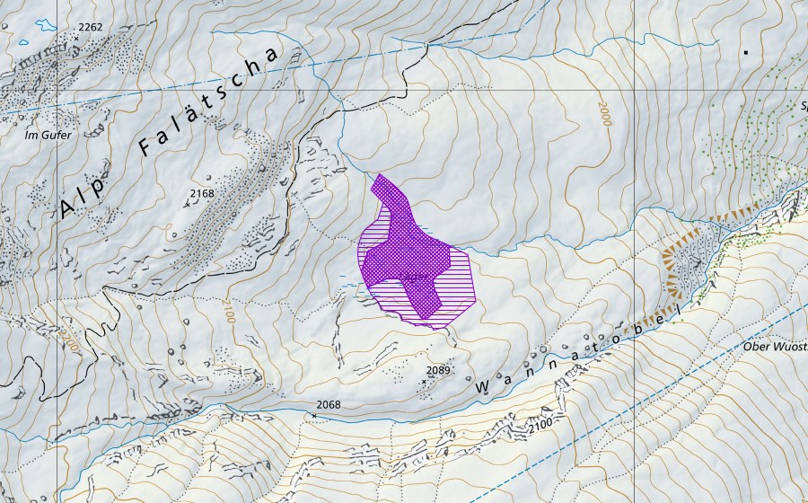 Landeskarte swisstopo mit dem Schutzperimeter von Liger Alp Falätscha (Amphibienlaichgebiet)
