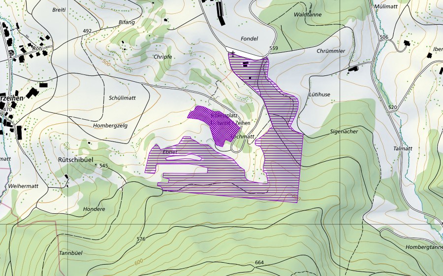 swisstopo national map showing the protected perimeter of Lochmatt (Amphibian spawning site)