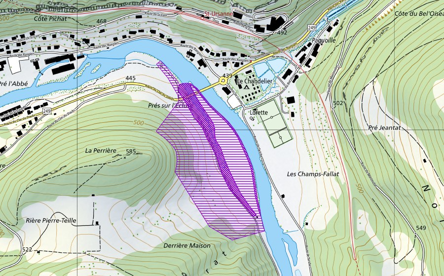 Landeskarte swisstopo mit dem Schutzperimeter von Lorette (Amphibienlaichgebiet)