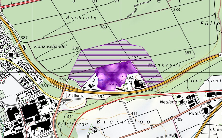 swisstopo national map showing the protected perimeter of Lostorf (Amphibian spawning site)