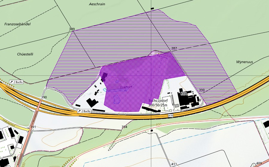 Carte nationale swisstopo avec le périmètre protégé de Lostorf (Site de reproduction de batraciens)
