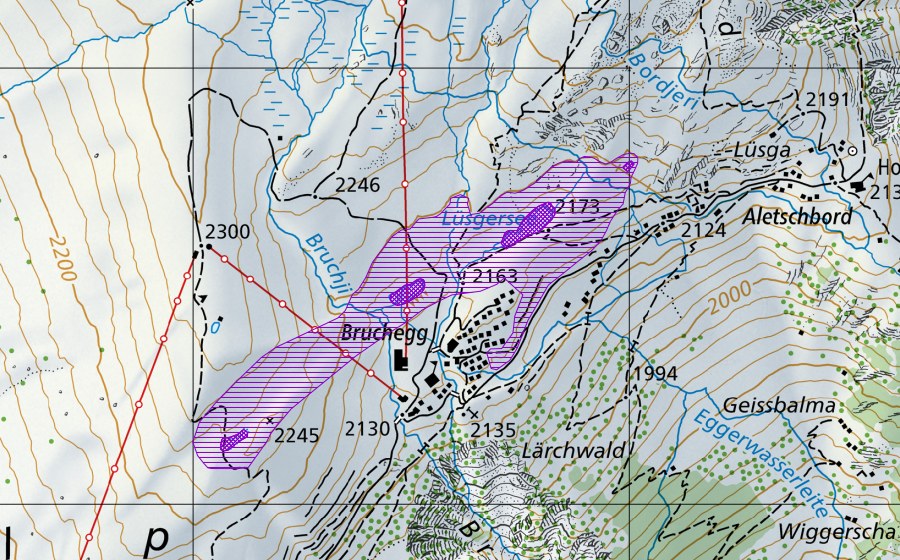Landeskarte swisstopo mit dem Schutzperimeter von Lüsga (Amphibienlaichgebiet)