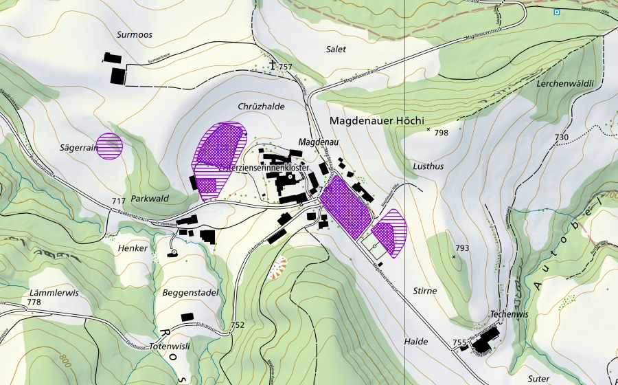 swisstopo national map showing the protected perimeter of Magdenau (Amphibian spawning site)