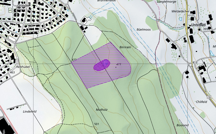 Carte nationale swisstopo avec le périmètre protégé de Maiholz (Site de reproduction de batraciens)