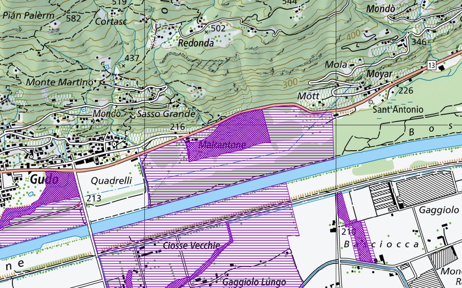 Landeskarte swisstopo mit dem Schutzperimeter von Malcantone (Amphibienlaichgebiet)