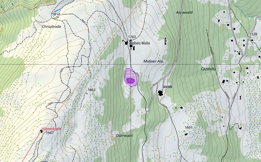 Carte nationale swisstopo avec le périmètre protégé de Malixer Alp (Site de reproduction de batraciens)