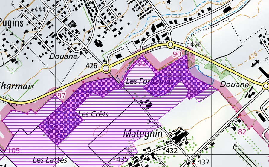 Landeskarte swisstopo mit dem Schutzperimeter von Mategnin (Amphibienlaichgebiet)