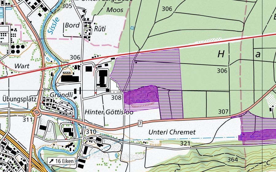 Landeskarte swisstopo mit dem Schutzperimeter von Mattenplätz (Amphibienlaichgebiet)