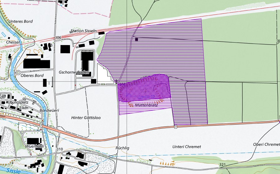 swisstopo national map showing the protected perimeter of Mattenplätz (Amphibian spawning site)