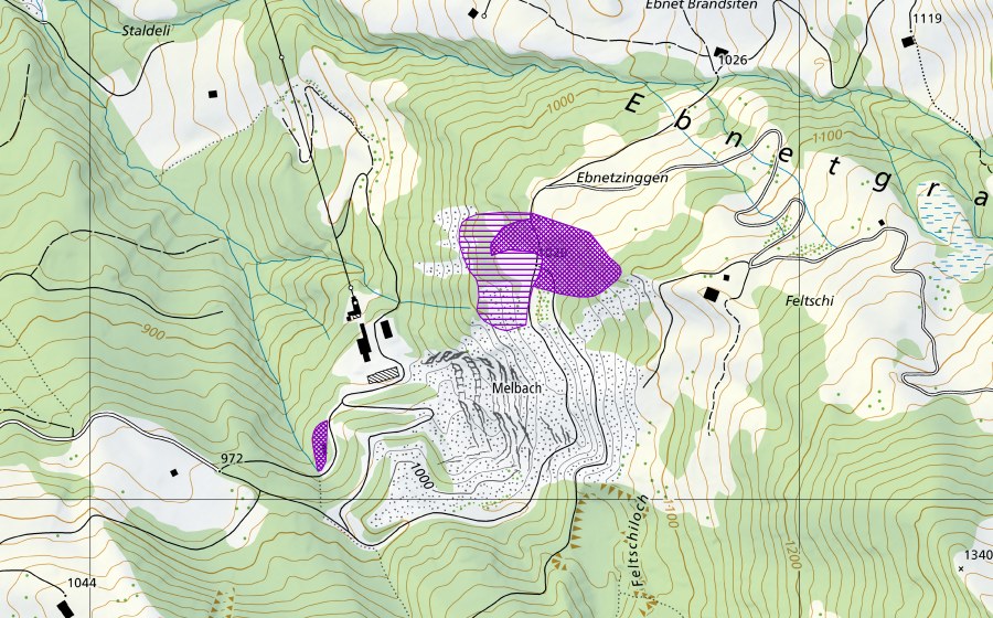 Carte nationale swisstopo avec le périmètre protégé de Melbach (Site de reproduction de batraciens)