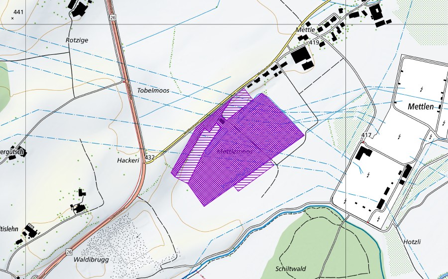 Landeskarte swisstopo mit dem Schutzperimeter von Mettlenmoos (Amphibienlaichgebiet)