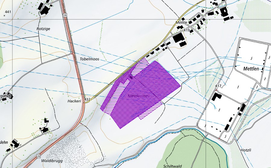 Landeskarte swisstopo mit dem Schutzperimeter von Mettlenmoos (Amphibienlaichgebiet)