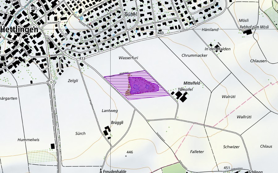 Carte nationale swisstopo avec le périmètre protégé de Mittelfeld-Kiesgrube (Site de reproduction de batraciens)