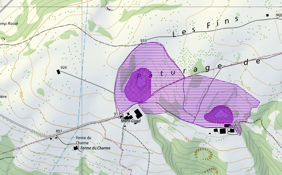 Carte nationale swisstopo avec le périmètre protégé de Mont Girod 1 (Site de reproduction de batraciens)