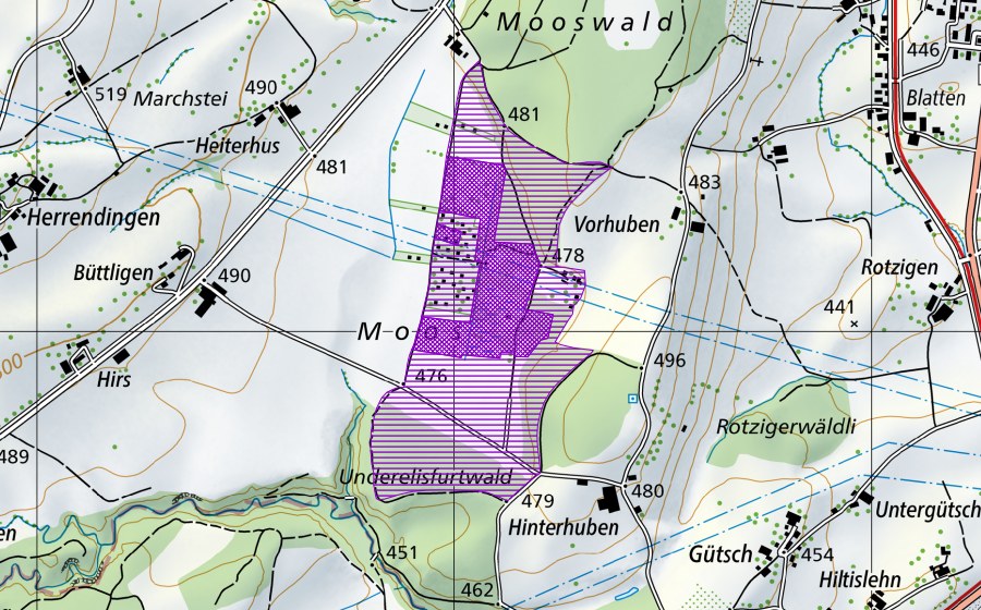 Carte nationale swisstopo avec le périmètre protégé de Moos (Site de reproduction de batraciens)