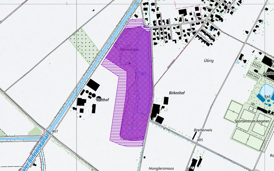 swisstopo national map showing the protected perimeter of Moosanger (Amphibian spawning site)