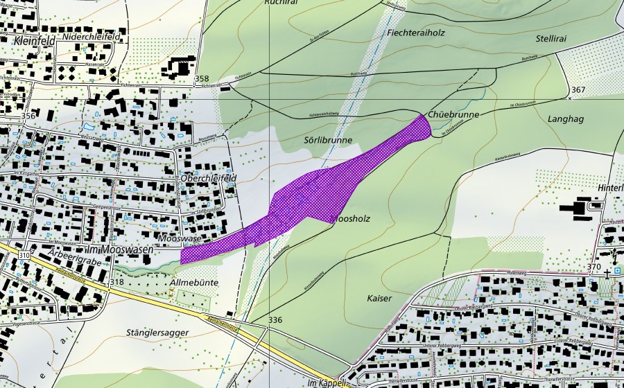 swisstopo national map showing the protected perimeter of Mooswasen (Amphibian spawning site)