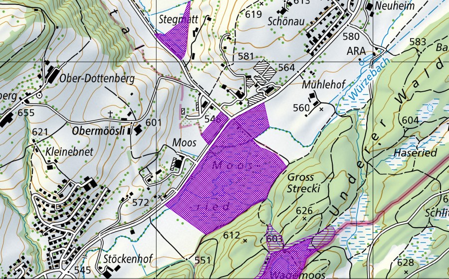 Carte nationale swisstopo avec le périmètre protégé de Moosweiher (Site de reproduction de batraciens)