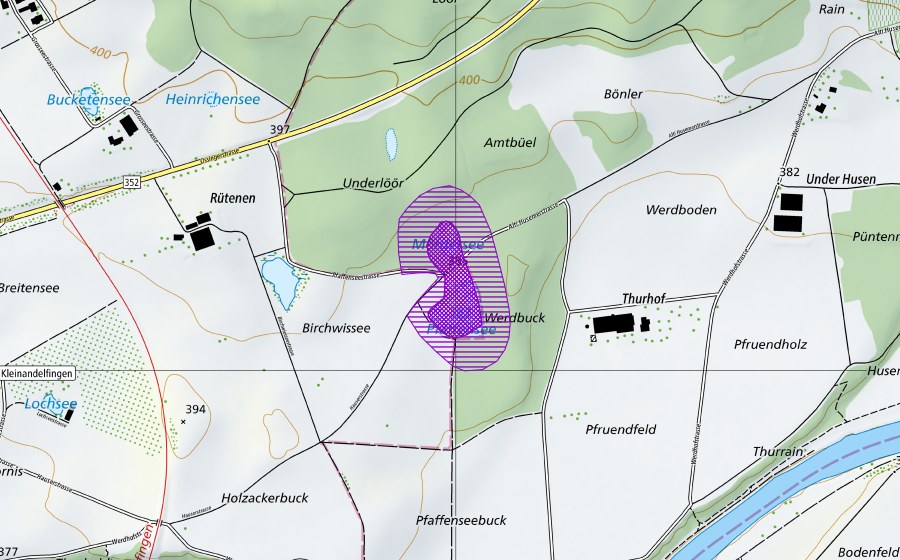 swisstopo national map showing the protected perimeter of Mördersee und Pfaffensee (Amphibian spawning site)